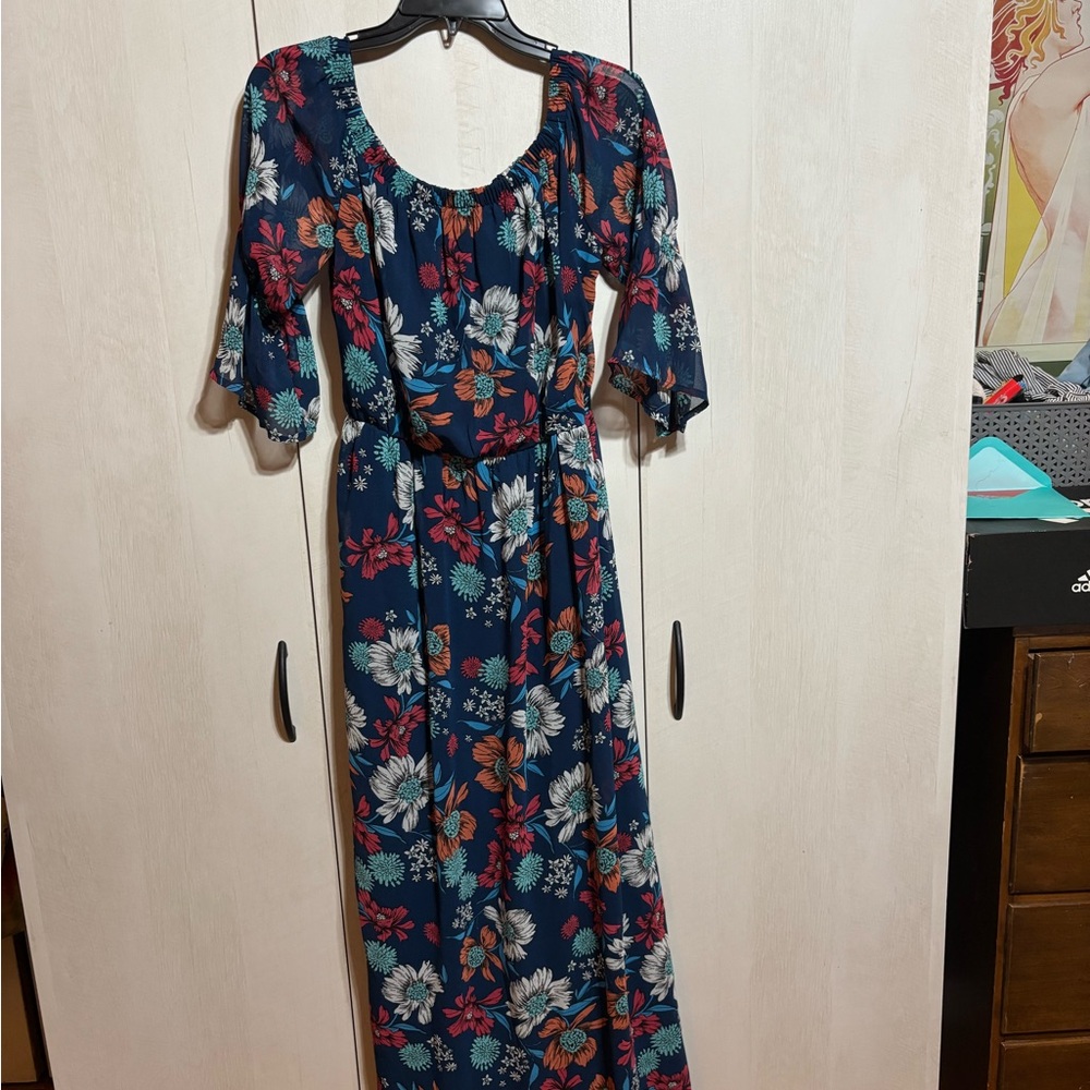 As U Wish Blue and Pink Bell Sleeve Maxi Sundress